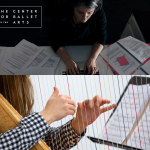 Two stacked images. Image on top is of woman working at a computer with research papers. The bottom is of a harpist.