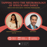Square flyer with the event title "Tapping into the Nuerobiology of Speech and Dance" on top followed by photo of participants