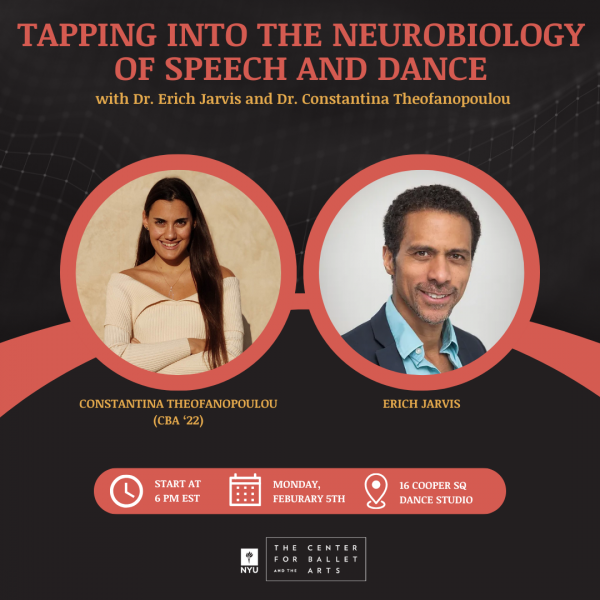 Square flyer with the event title "Tapping into the Nuerobiology of Speech and Dance" on top followed by photo of participants