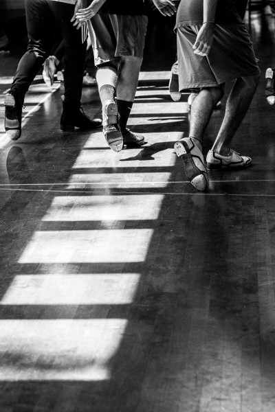Black and white image of three tap dancers' feet at the School of Jacob's Pillow