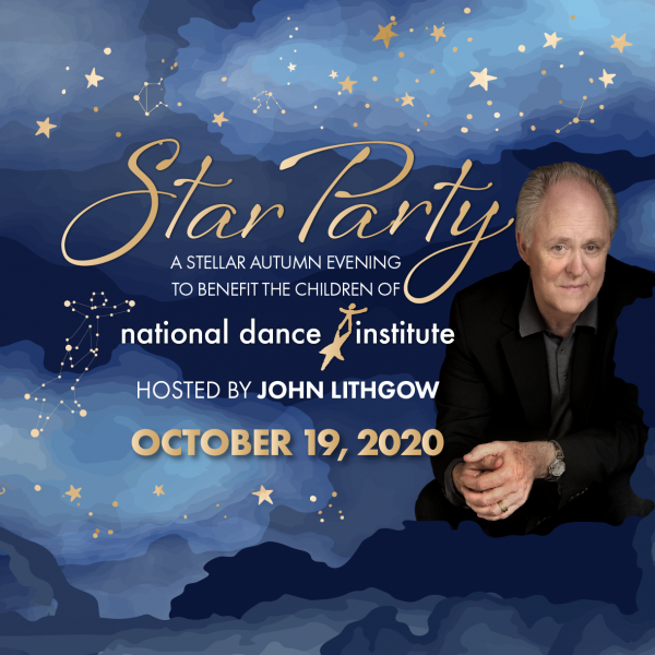 You are invited to National Dance Institute's Star Party Oct 19. Blue background with image of actor John Lithgow smiling.