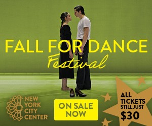 Two dancers face each other on a green background