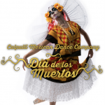 Woman in day of the dead face paint and traditional dress from Oaxaca with logo of Calpulli Mexican Dance Dia de los Muertos 