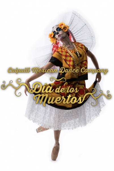 Woman in day of the dead face paint and traditional dress from Oaxaca with logo of Calpulli Mexican Dance Dia de los Muertos 