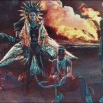 Three people wearing Futuristic, attire, posed and standing in front of an explosion with one person in a cage. Shadowy image.