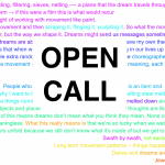 The words "Open Call" over a background containing a loose word collage of scattered thoughts on dreams