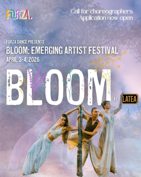 Purple and blue clouds combined with 3 dancers surrounding a single tree. BLOOM graphic