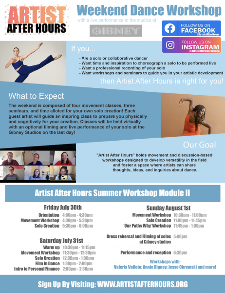 Flyer for Artist After Hours Weekend Dance Workshop.