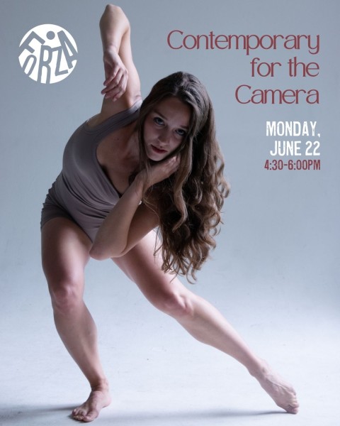 graphic with white dancers with long brown hair looking at camera in grey biketard elbow up in side lunge