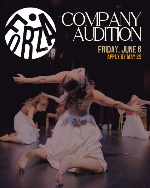 Forza Company Audition graphic with dancer arms reaching out chest and head to sky on knees