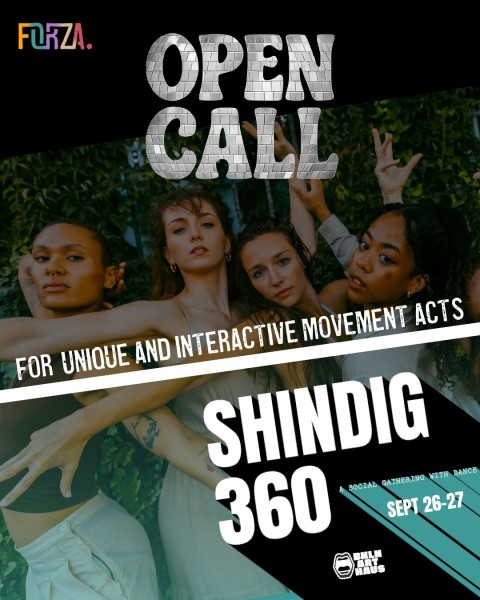 Graphic about Shindig Open Call with 4 women faces posing with their arms up.