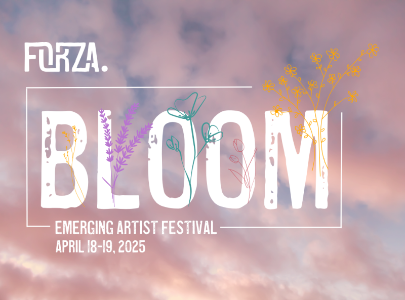the BLOOM logo infront of a sunset colored sky with whispering clouds