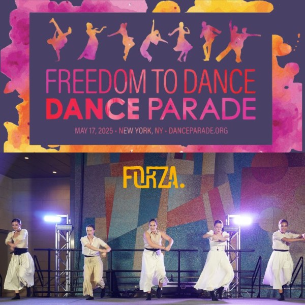 Dance Parade logo and photo of five dancers evenly space walking towards the audience on stage