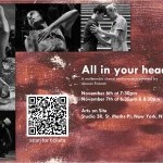 Poster with performance dates, location, performers, QR code, over a black and white abstract painting
