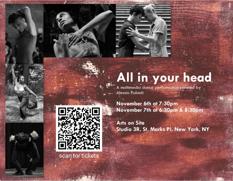 Poster with performance dates, location, performers, QR code, over a black and white abstract painting