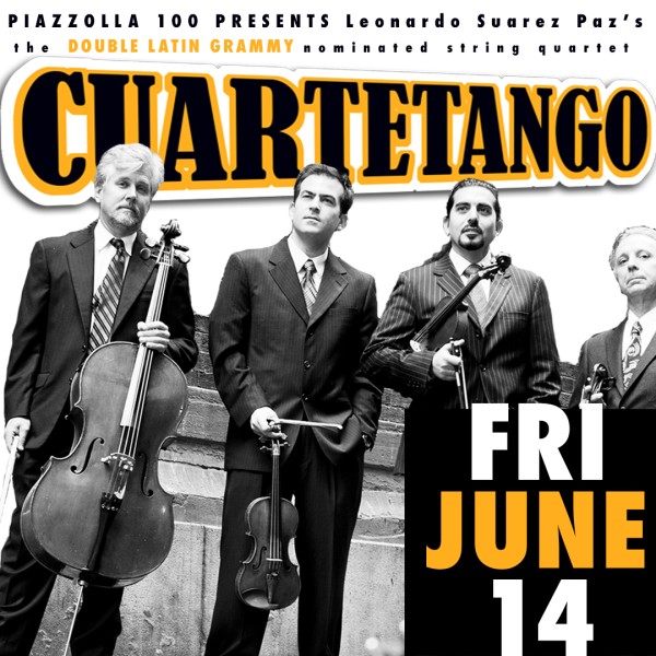 4 gentlemen in suites stand with string quartet instruments on a cobbled street with title Cuartetango in the background