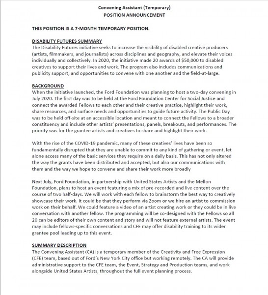 We are in search of a temporary Convening Assistant.