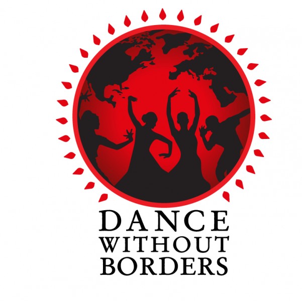 Dance Without Borders Logo; Red and black globe with four silhouettes of dancers inside. 