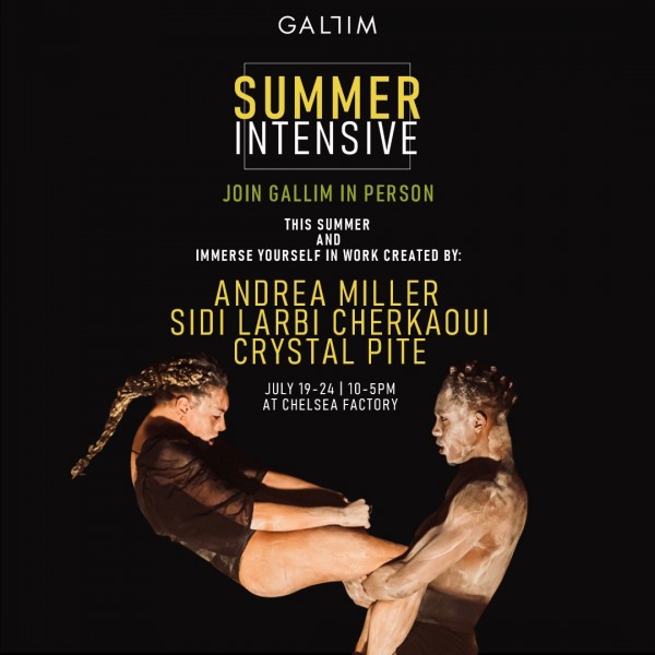 Gallim's Summer Intensive poster featuring two dancers in a lift. 
