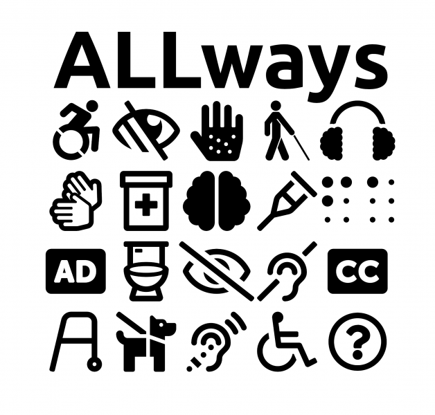 A tight grid of 20 black and white icons representing both various modes of disability and types of access.