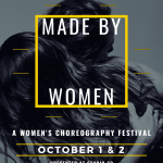 A black and white image of two women hugging. Dark wavy hair covered by yellow text saying "Made By Women" a dance festival 