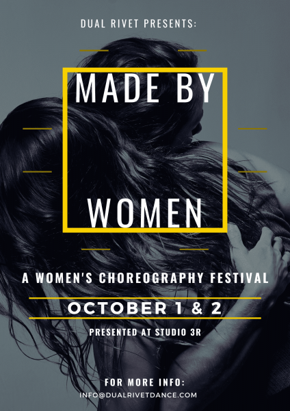 A black and white image of two women hugging. Dark wavy hair covered by yellow text saying "Made By Women" a dance festival 