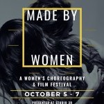 A black and white image of two women hugging. Dark wavy hair covered by yellow text saying "Made By Women" festival