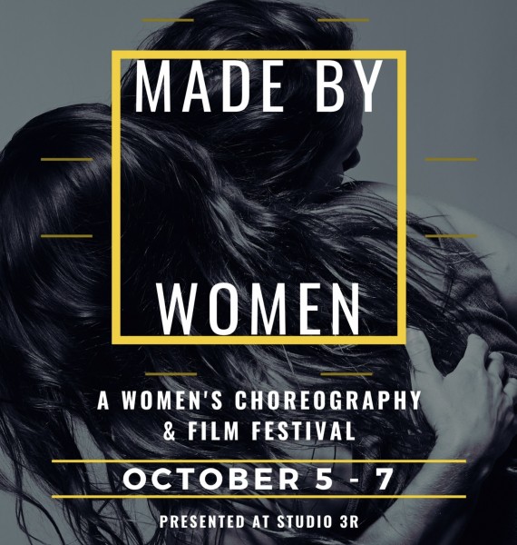 A black and white image of two women hugging. Dark wavy hair covered by yellow text saying "Made By Women" festival 