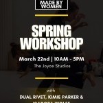 Tow women lifting each other with text about the workshop in front 