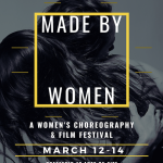 Women embracing each other, behind text of event lineup