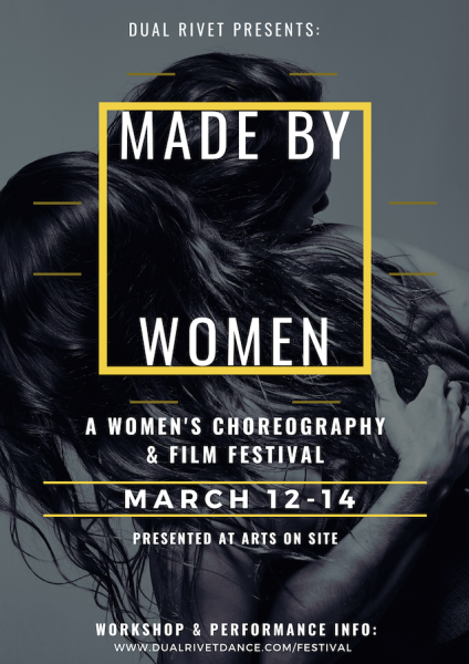 Women embracing each other, behind text of event lineup