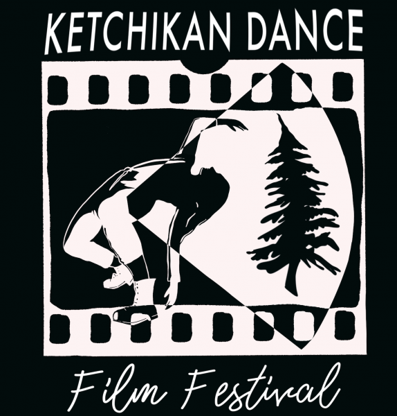 Drawing of girl leaning back with right arm extended overhead and text reading Ketchikan Dance Film Festival 
