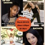 A group of teens dancing with both arms above their heads. The background is a mix of brown, tan, and blue colors.