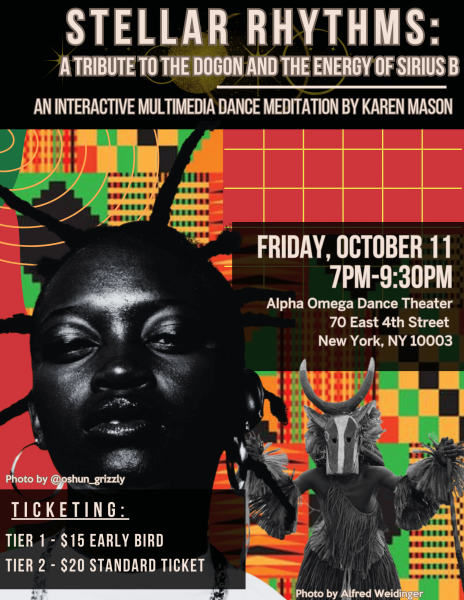 Photo of woman with strong standing braids and Dogon tribe dancer over an African kente cloth background