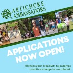 A blue graphic with photos of people smiling and dancing. Text reads, "Artichoke Ambassadors Applications now open!"
