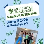 A blue graphic with a photo of a group of people smiling. Text reads "Artichoke Ambassadors Sumemr Intensive, June 22-26"