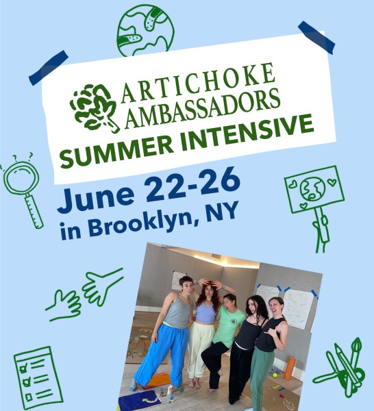 A blue graphic with a photo of a group of people smiling. Text reads "Artichoke Ambassadors Sumemr Intensive, June 22-26"