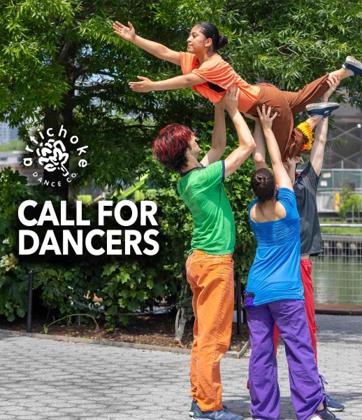 a group of dancers in colorful costumes perform a lift outside. text reads, 'call for dancers'