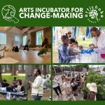 A green graphic with four images of people doing different arts activities. The top reads "Arts Incubator for Change-Making"