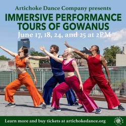 A photo of Artichoke Dance Company performing. Text around them details the performance information.