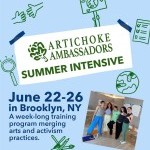A blue graphic with a photo of a group of people smiling. Text reads "Artichoke Ambassadors Sumemr Intensive, June 22-26"