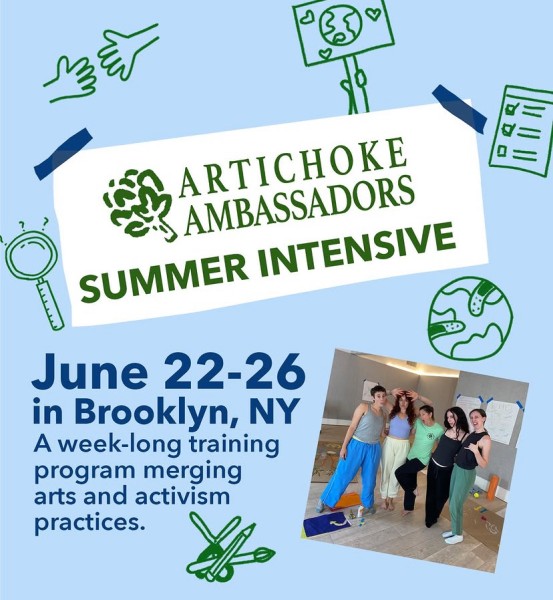 A blue graphic with a photo of a group of people smiling. Text reads "Artichoke Ambassadors Sumemr Intensive, June 22-26"