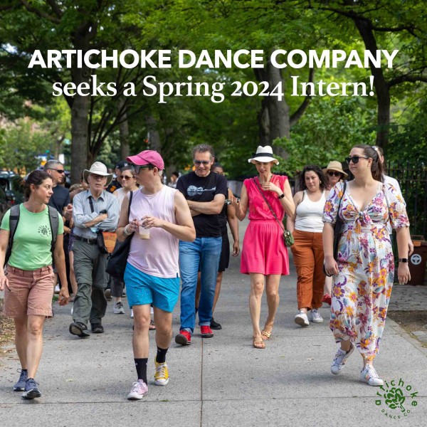 a group of people walk together on a sidewalk. text above them reads, "Artichoke Dance Company seeks a spring 2024 intern!"