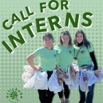 A green graphic with a photo of three people smiling. Text reads "call for interns".