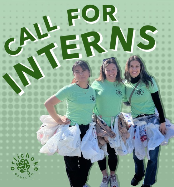 A green graphic with a photo of three people smiling. Text reads "call for interns".