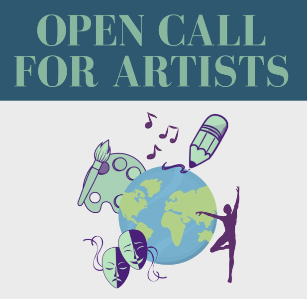 Open Call for Artists! There is a picture of the earth a dancer, paint brush and palatte, music notes, a pencil, and drama masks