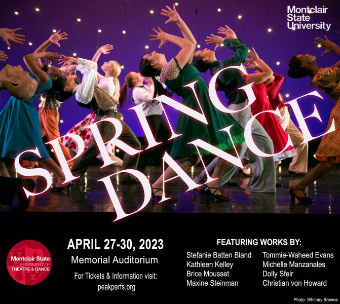 Dancers in colorful costumes leaning back with jazz hands