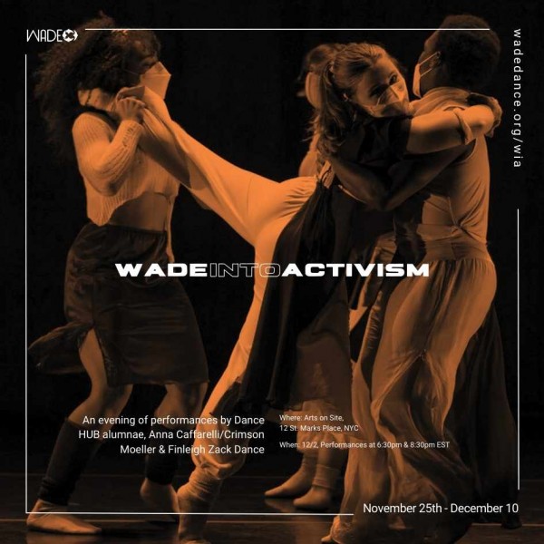 Two dancers support a dancer who is wrapping their arms and lifting their leg.