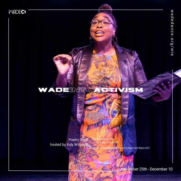 Behind white text "WADEintoACTIVISM", Geri stands on a stage, speaking.