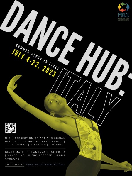 Flier with dancer arching their back with a yellow overlay on their photo. The background is black with white text